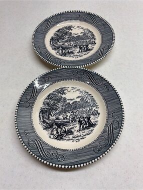 Currier and Ives Blue and White Salad Plates - Set of 2 - 1 Has a Small Chip